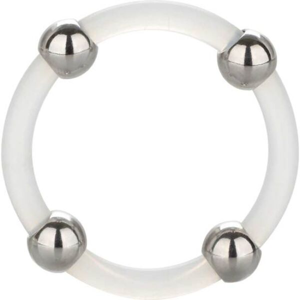 Erekčný krúžok CalExotics Steel Beaded Silicone Ring Large z priehľadného silikónu s guľôčkami z nehrdzavejúcej ocele