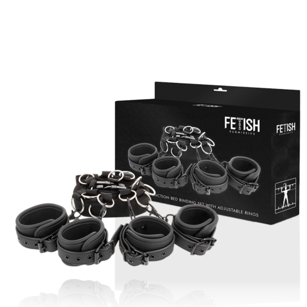 Set pút na posteľ Fetish Submissive Luxury s neoprénom, s popruhmi, putami na zápästia a putami na členky
