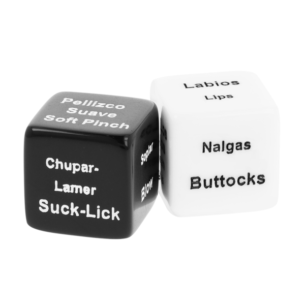 Erotické kocky pre páry Black&Silver Dice for Couples, jedna čierna a jedna biela kocka so saténovým vrecúškom