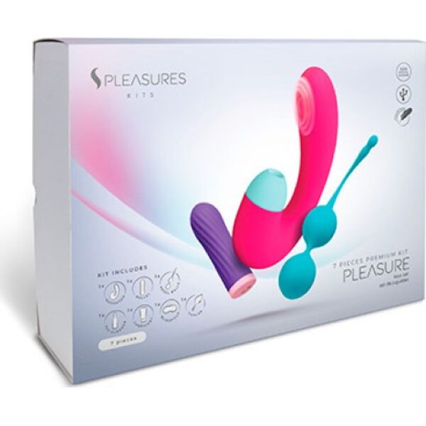 Súprava S Pleasures Pleasure Kit s vibračným vajíčkom, dvojitým stimulátorom, venušinými guličkami, lubrikantom, čističom, pierkom a maskou na oči