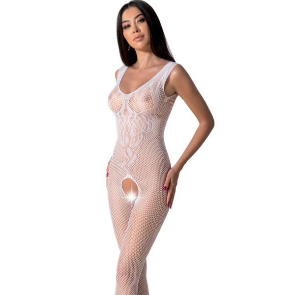 Bodystocking Passion BS098 zo sieťoviny s čipkou a priesvitnými časťami