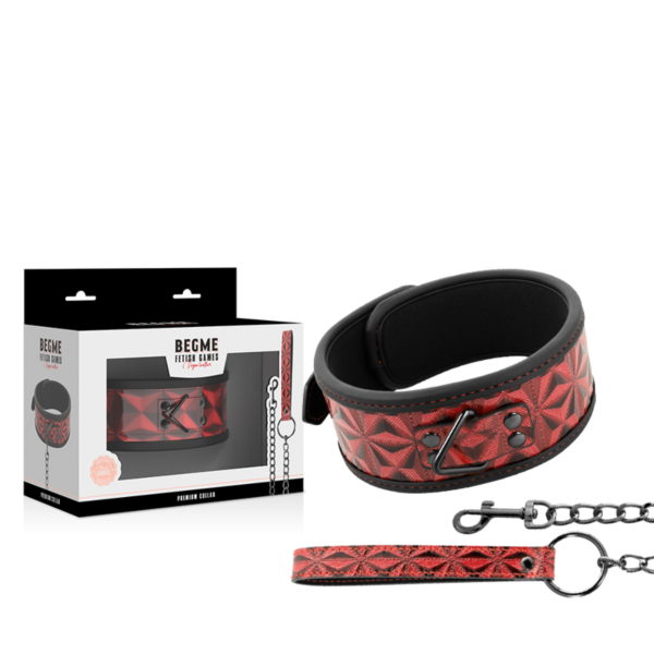 BDSM obojok Begme Red Edition z veganskej kože s kovovou reťazou, krúžkom na krk a vodítkom