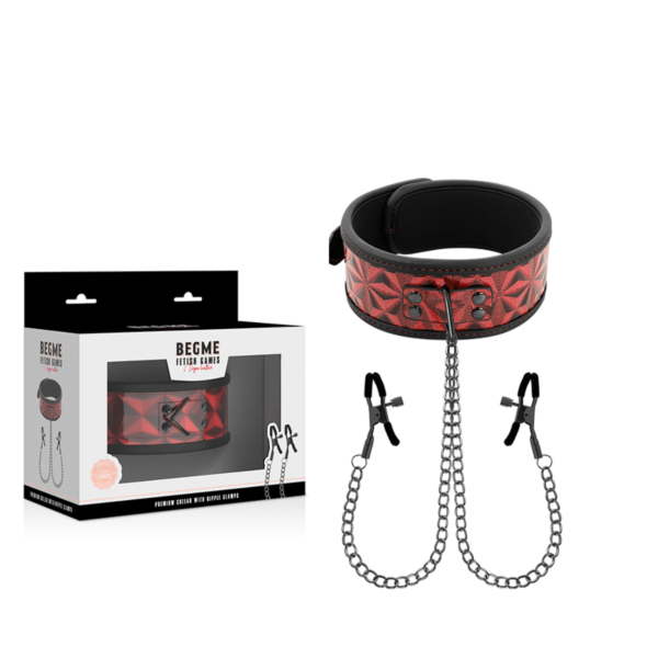 Obojok s retiazkou a svorky na bradavky Begme Red Edition
