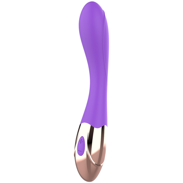 Zakrivený vibrátor na bod G Womanvibe Sunny s reliéfnym povrchom v zlatej a fialovej farbe