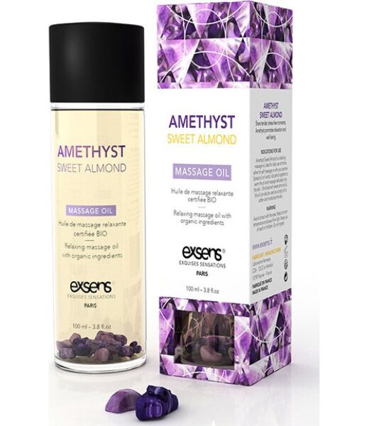 Fľaštička masážneho oleja Exsens Relaxing Oil Amatista 100 ml s ametystovými kameňmi vo vnútri
