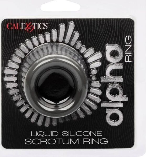 Krúžok na semenníky CalExotics Alpha Scrotum Ring zo sivého tekutého silikónu so zakriveným tvarom presýpacích hodín