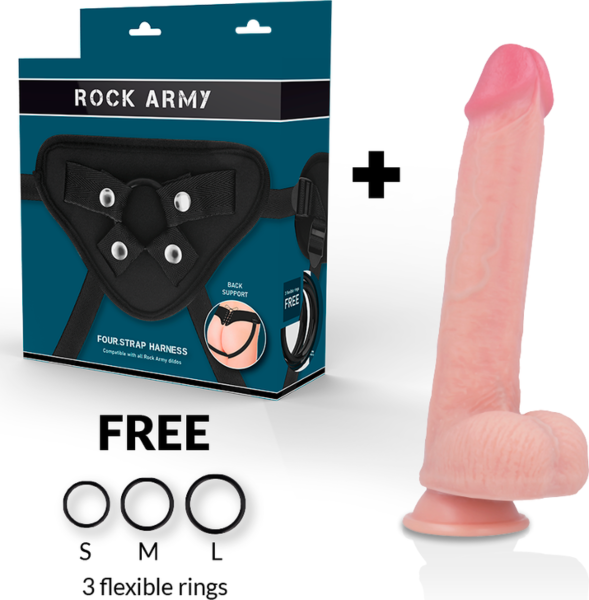 Realistické dildo Rock Army Kingcobra so základňou s prísavkou vedľa postroja