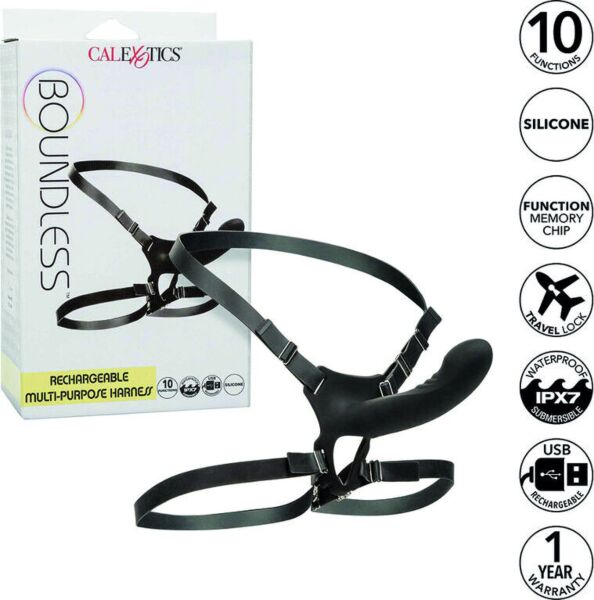 Postroj strap-on CalExotics Boundless so sondou so zahnutým hrotom a popruhmi okolo pása a stehna