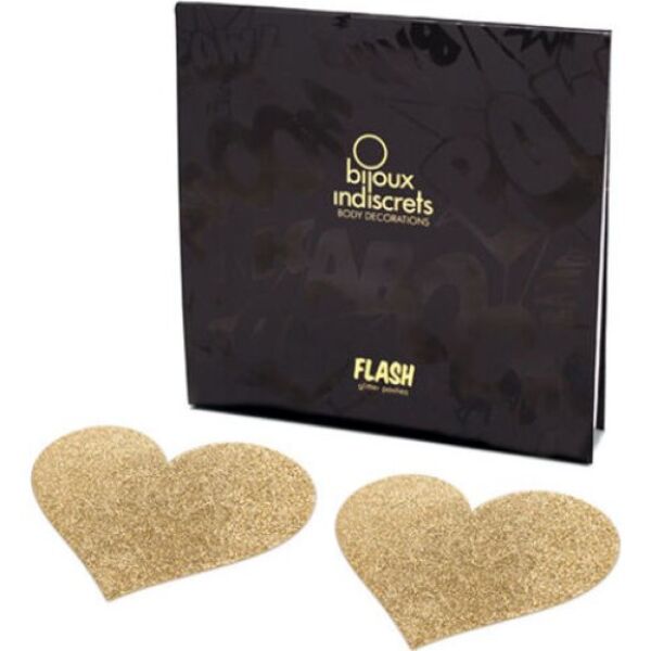 Nálepky na bradavky Bijoux Indiscrets Flash Heart v tvare srdca s trblietavým povrchom