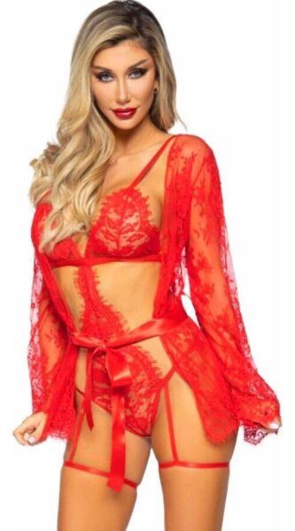 Súprava Leg Avenue All Romance 86123 v červenej farbe, čipkové body s podväzkami a krátky župan v rovnakom štýle