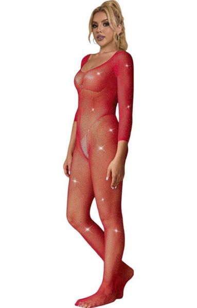 Bodystocking Subblime z červenej sieťoviny s diamantovým vzorom a dlhým rukávom