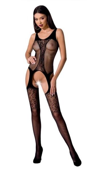 Body stocking Passion BS072 zo sieťoviny s čipkou a priesvitnými časťami