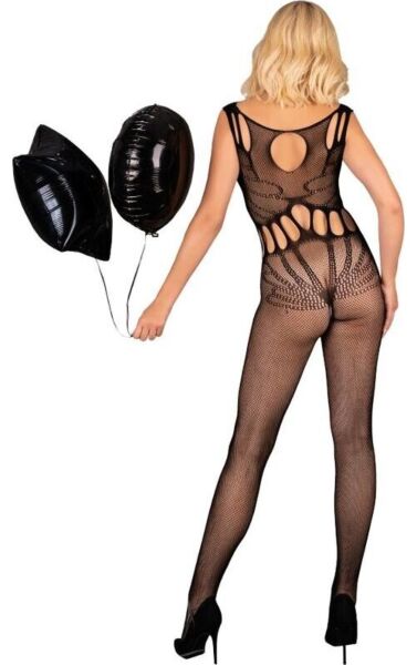 Bodystocking Livco Corsetti Amahil Black z čiernej sieťoviny s okrúhlym výstrihom a ozdobami v tvare X