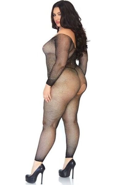 Čierny sieťovaný bodystocking Leg Avenue Plus Seamless Fishnet s dlhými rukávmi a kamienkami