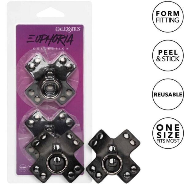 Samolepiace krytky bradaviek CalExotics Euphoria O-Ring v čiernej farbe s kovovým krúžkom a nitmi