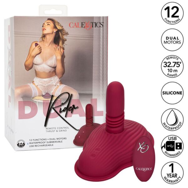 Jazdiaci vibrátor CalExotics Dual Rider Thrust & Grind v červenej farbe s diaľkovým ovládačom
