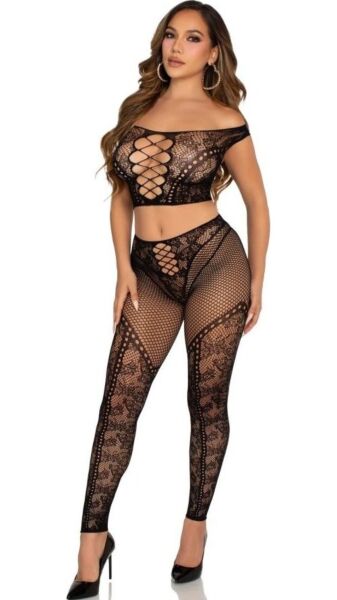 Set Leg Avenue Love Me Tonight v čiernej farbe: crop top s odhalenými ramenami a legíny z čipky a sieťoviny