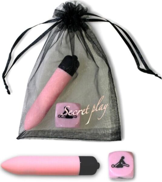 Secret Play Kit Sensual Feelings s ružovým mini vibrátorom, ružovou kockou na polohy a vrecúškom z organzy
