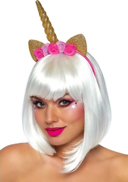Čelenka s jednorožcom Leg Avenue Golden Unicorn Flower so zlatým špirálovým rohom, trblietavými ušami a ružovými ružami