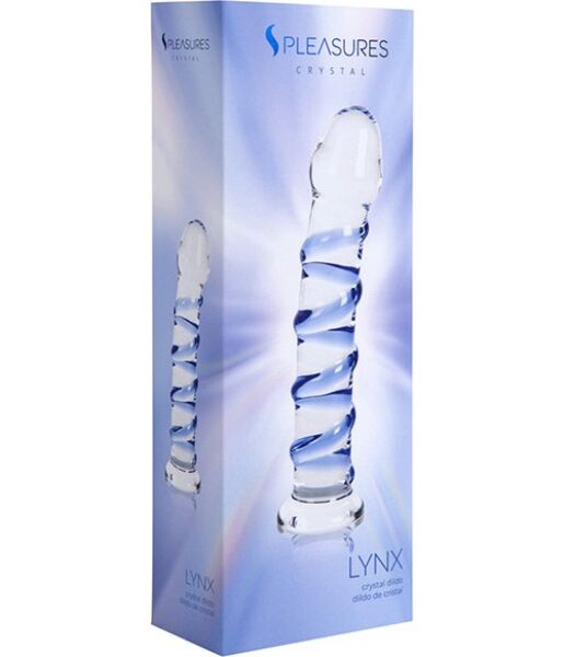 Dildo S Pleasures Crystal Lynx, priehľadné s modrými detailmi a špirálovými rebrami