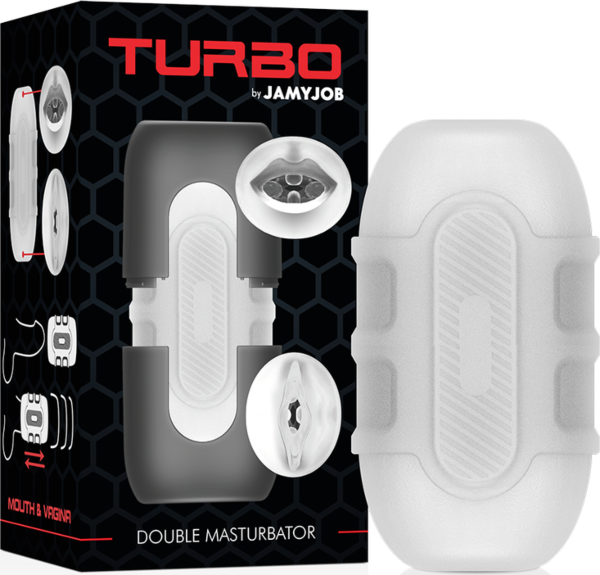 Dvojitý masturbátor Jamyjob Turbo s dvoma vstupmi v tvare úst a vagíny