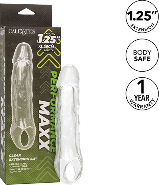 Priehľadný predlžovací návlek na penis CalExotics Performance Maxx Clear Extension 5,5 s pásikom okolo mieška