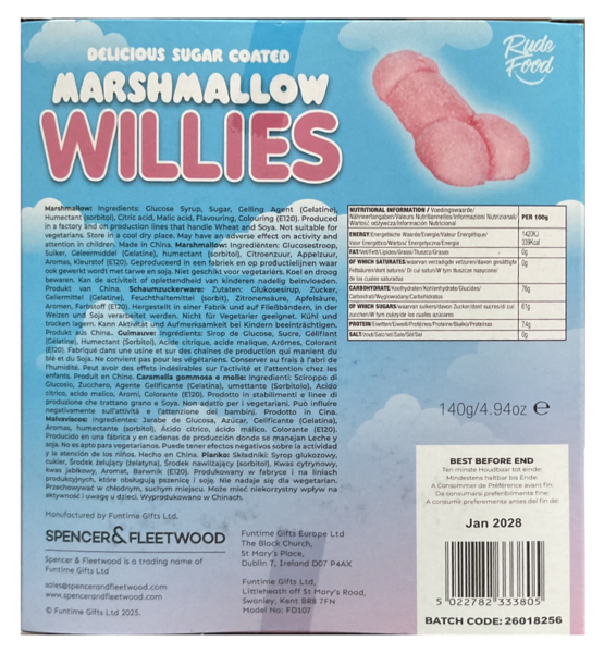 Balenie ružových marshmallows v tvare penisu Marshmallow Willies od Spencer & Fleetwood