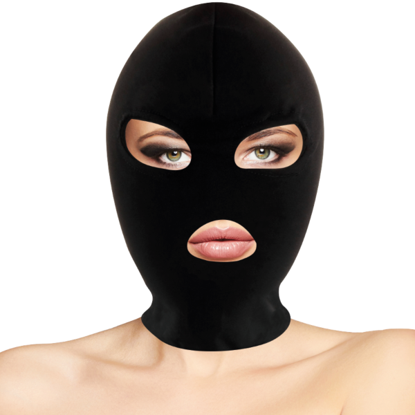 BDSM kapucňová maska Darkness s otvorom na ústa a oči