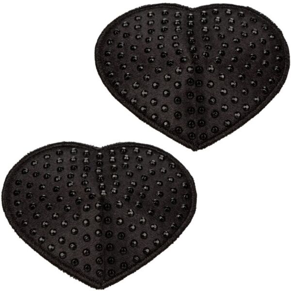 Krytky bradaviek Radiance Pasties Heart od CalExotics, dve čierne srdcia s kamienkami