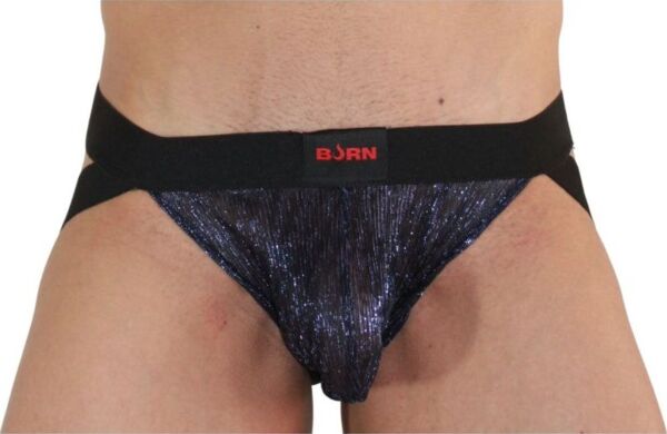 Jockstrap Burn 006 v modrej a čiernej farbe, s priesvitnými časťami a lesklými detailmi