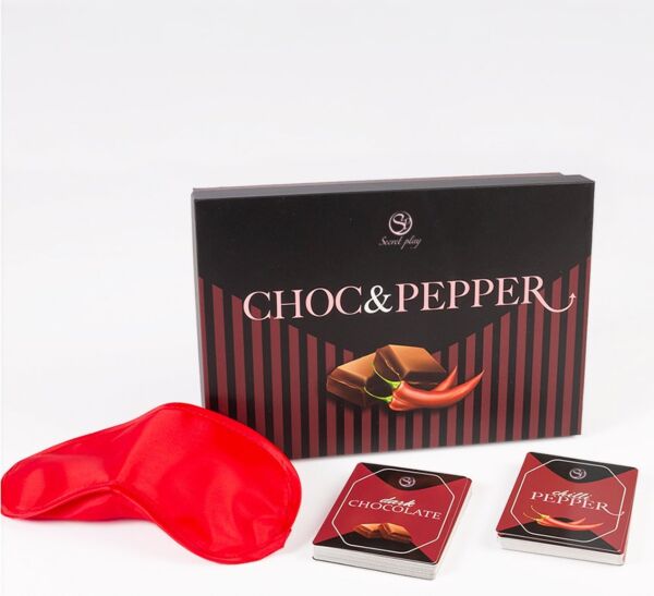 Erotická kartová hra Secret Play Choc & Pepper s čokoládovými a pikantnými kartami a páskou na oči