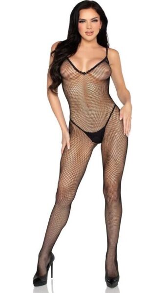 Bodystocking Leg Avenue 89375 z čiernej sieťoviny s háčkovaným lemovaním a otvorom v rozkroku