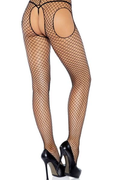 Čierne sieťované pančuchy Leg Avenue Industrial Net Suspender Hose s efektom podväzkov a otvorom v rozkroku