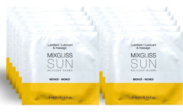 Krabička s 12 monodózami silikónového lubrikantu Mixgliss Sun Monoi