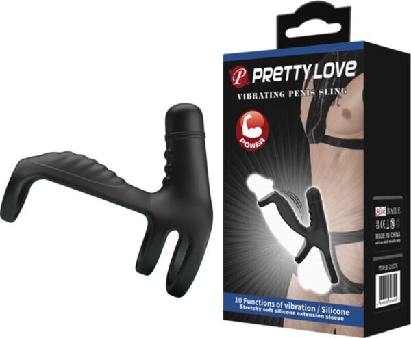 Čierny elastický návlek Pretty Love Vibrating Penis Sling so základňou v tvare krúžku a výstupkami