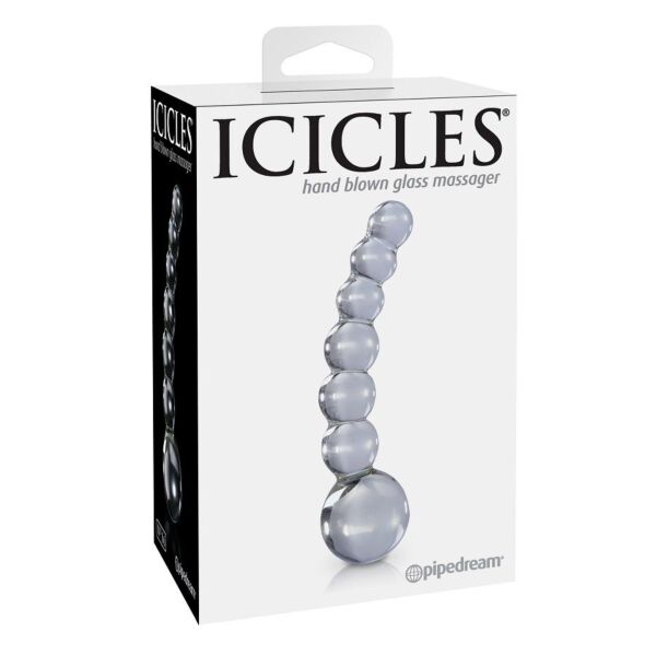 Sklenená masážna pomôcka ICICLES N. 66 so zakriveným telom a stupňovanými guľôčkami