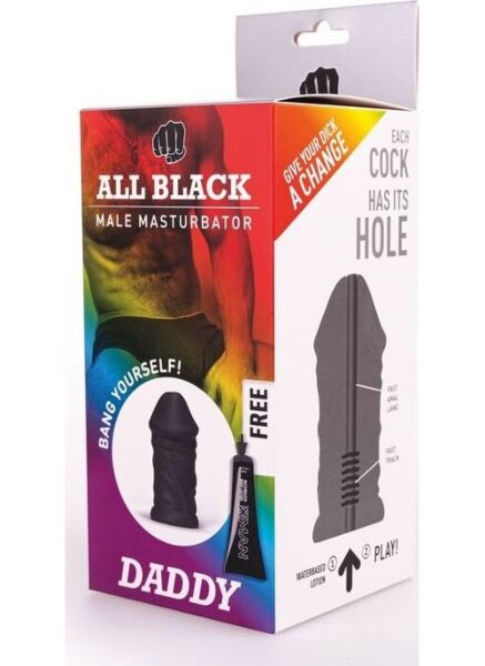 Masturbátor All Black Daddy v tvare penisu s výraznými žilami a hrubým žaluďom