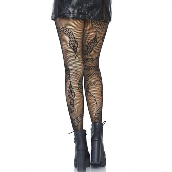 Čierne sieťované pančuchy Leg Avenue Snake Net Tights s čipkovanými hadmi na sieťovine
