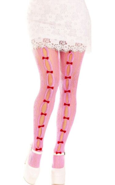 Sieťované pančuchy Leg Avenue Sweetheart Striped, pruhované so srdiečkami a mini mašličkami