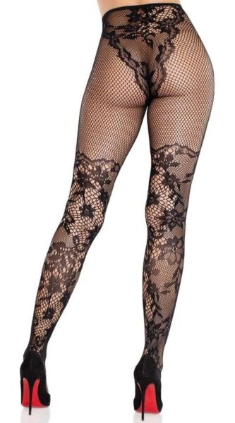 Pančuchové nohavice Leg Avenue Dahlia Lace Tights v čiernej farbe s kvetinovou čipkou a sieťovinou na stehne
