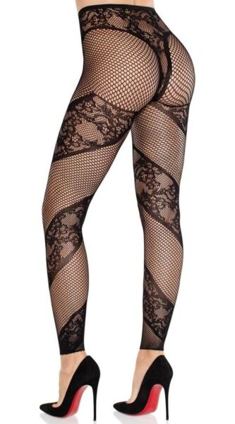 Pančuchy bez chodidla Leg Avenue Lace and Net Illusion v čiernej farbe, sieťované s čipkovanými pruhmi