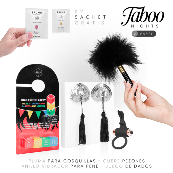 Erotická súprava Taboo Nights 5: Party s hrou s kockami, vibračným krúžkom, krytkami na bradavky, pierkovým brkom a lubrikačnými gélmi