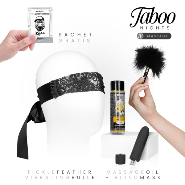 Masážny set Taboo Nights 4 Massage s olejom Bruma, vibračným vajíčkom Geri, škraboškou, pierkom a análnym gélom Black Hole