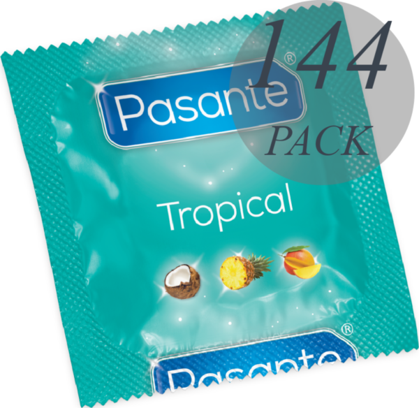 Balenie 144 kondómov Pasante Tropical s príchuťami manga, ananásu a kokosu