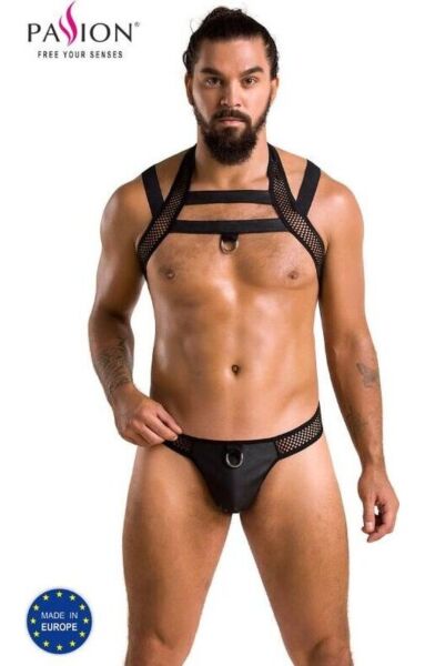 Pánsky set Passion 043 Set Jacob, jockstrap a ramenný postroj z ekokože a sieťoviny s kovovými krúžkami