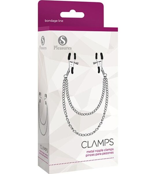 Strieborné svorky na bradavky S Pleasures Metal Nipple Clamps spojené retiazkou
