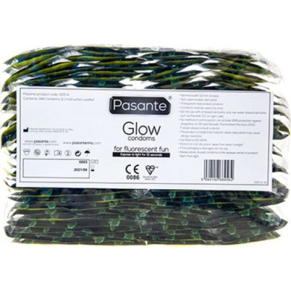 Kondómy Pasante Glow 144, polopriehľadné, v tme svietia nazeleno