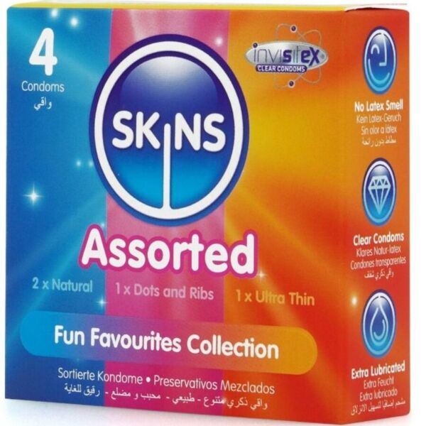 Krabička kondómov SKINS Mix so 4 kusmi v troch druhoch