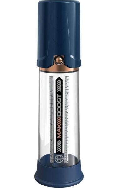 Vákuová pumpa na penis Pump Worx Max Boost s priehľadným tubusom, mierkou a integrovaným piestom