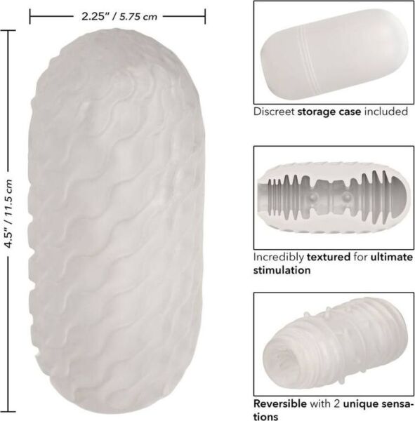 Biely masturbátor CalExotics Boundless Reversible Ribbed Stroker vedľa puzdra